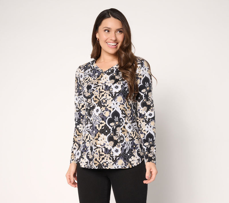 Denim & Co. Printed Perfect Jersey V-Neck Top with Curved Hem — View 10