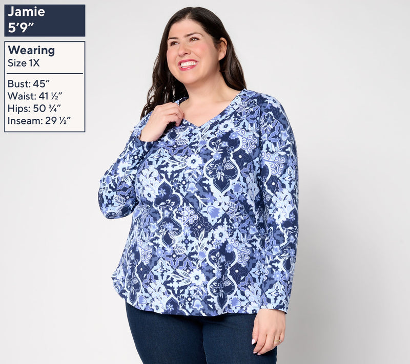 Denim & Co. Printed Perfect Jersey V-Neck Top with Curved Hem — View 2