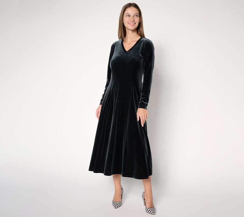 Women with Control Petite Velvet Godet V-Neck Midi Dress — View 10