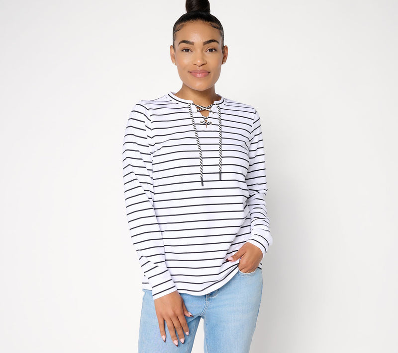 Denim & Co. French Terry Lace Up Long Sleeve Pullover — View 11