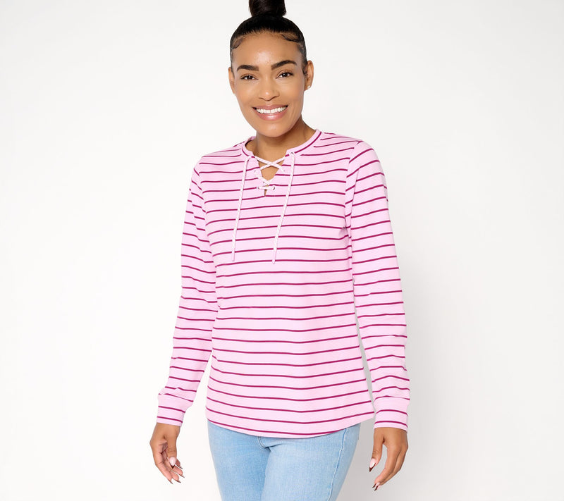Denim & Co. French Terry Lace Up Long Sleeve Pullover — View 12
