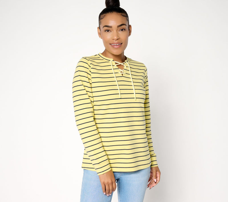 Denim & Co. French Terry Lace Up Long Sleeve Pullover — Main view