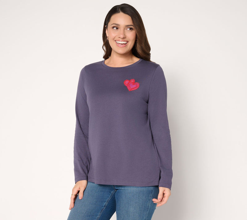 Denim & Co. 100% Cotton Embellished Double Heart Top — View 10