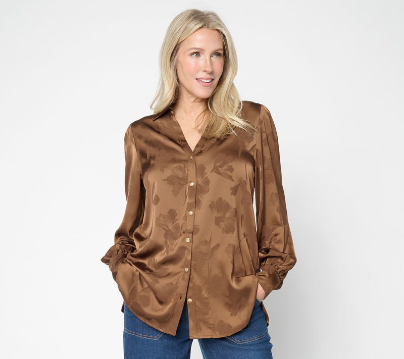 Dennis Basso Regular Jacquard Button Front Tunic w/ Y-Neck — Main view