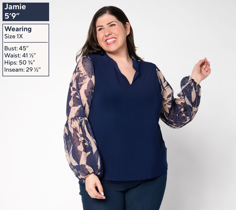 Dennis Basso Italia Knit Printed Sleeve Top with Embellishment — View 3