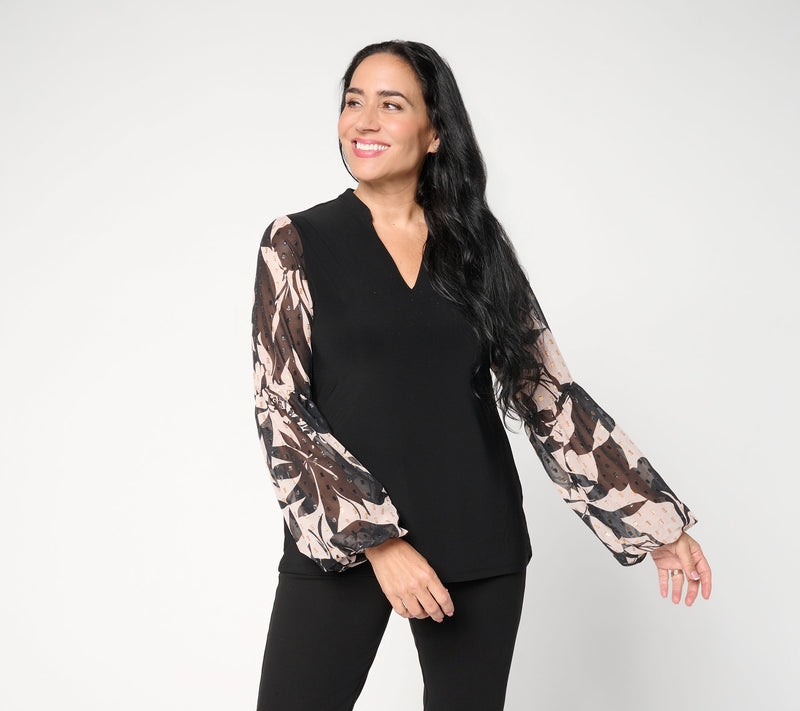 Dennis Basso Italia Knit Printed Sleeve Top with Embellishment — View 12