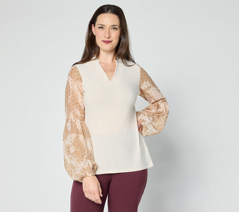 Dennis Basso Italia Knit Printed Sleeve Top with Embellishment — View 2