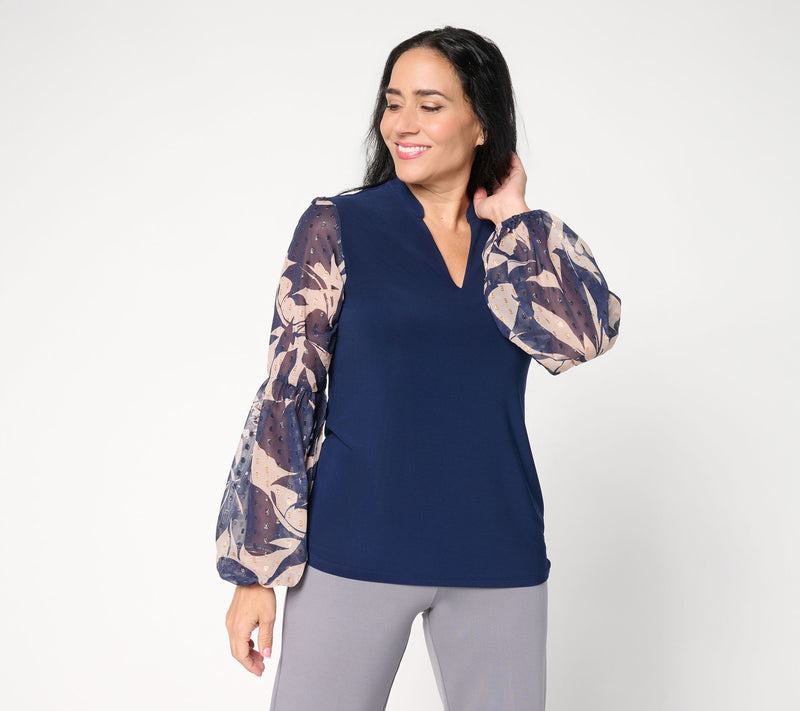 Dennis Basso Italia Knit Printed Sleeve Top with Embellishment — View 14