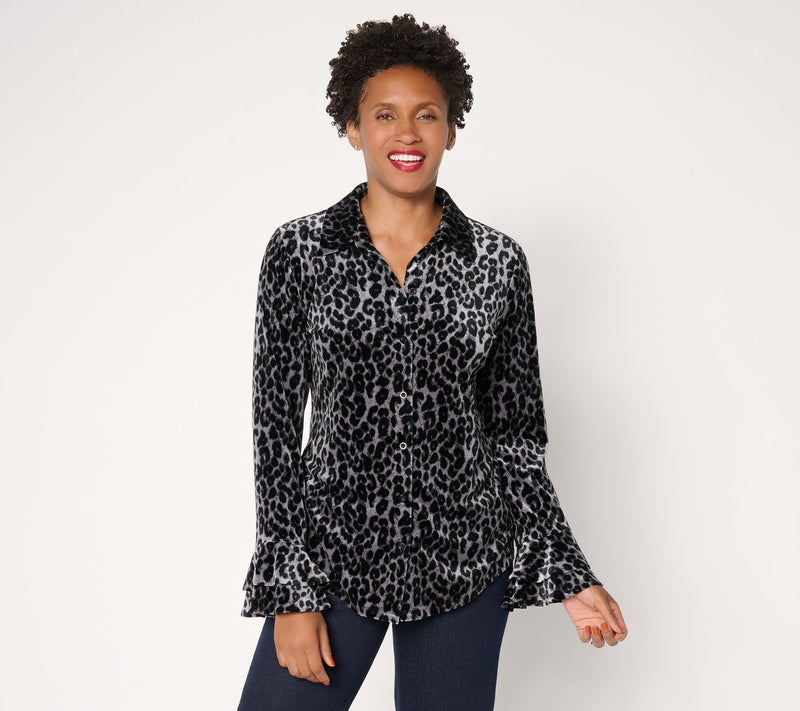 Dennis Basso Knit Velvet Button Front Shirt — View 8