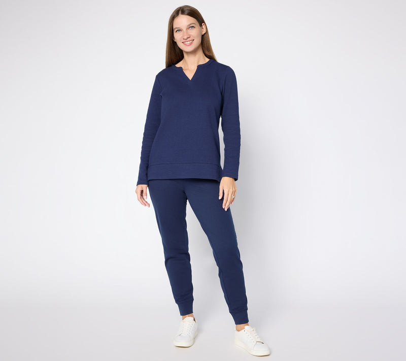 Denim & Co. Texture Terry Long Sleeve Split Neck Top — View 5