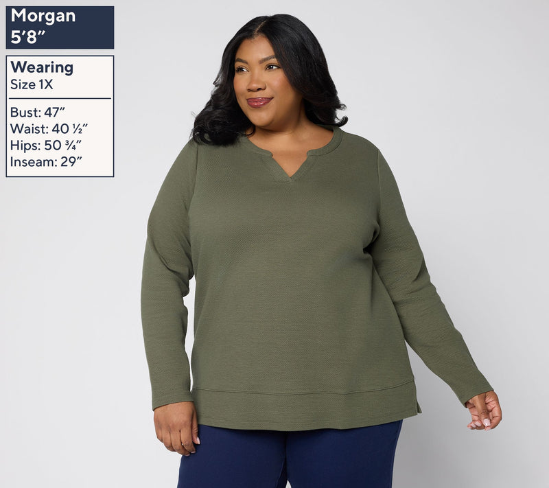 Denim & Co. Texture Terry Long Sleeve Split Neck Top — View 2