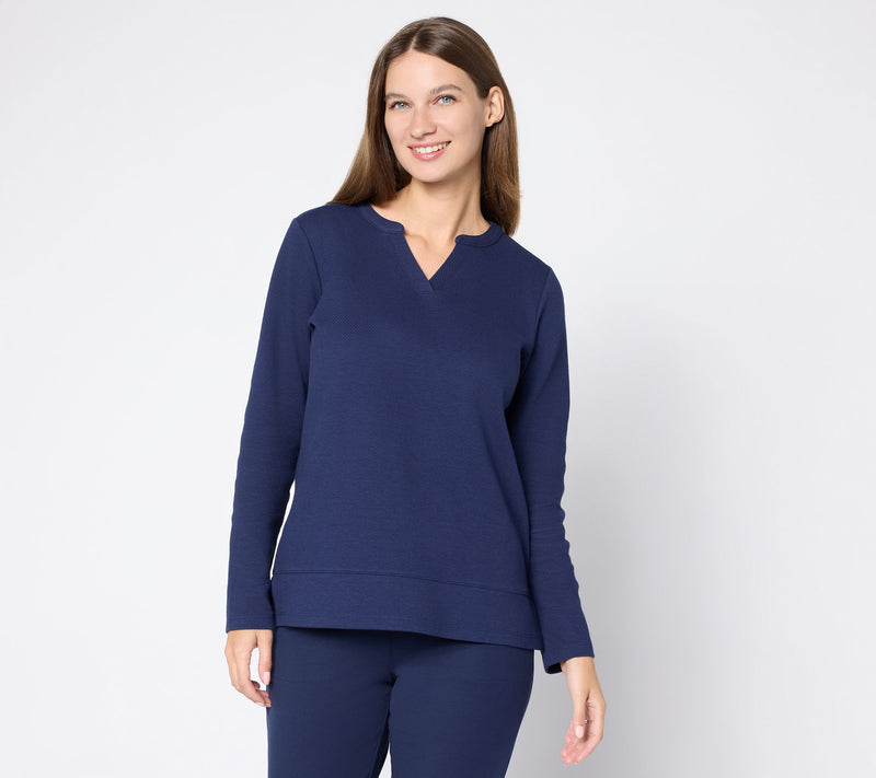 Denim & Co. Texture Terry Long Sleeve Split Neck Top — Main view