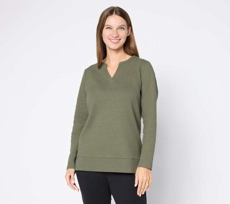 Denim & Co. Texture Terry Long Sleeve Split Neck Top — View 12