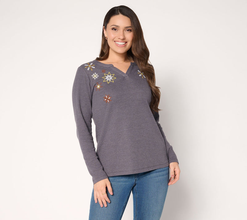 Denim & Co. Waffle Knit Holiday Embroidered Top — View 11