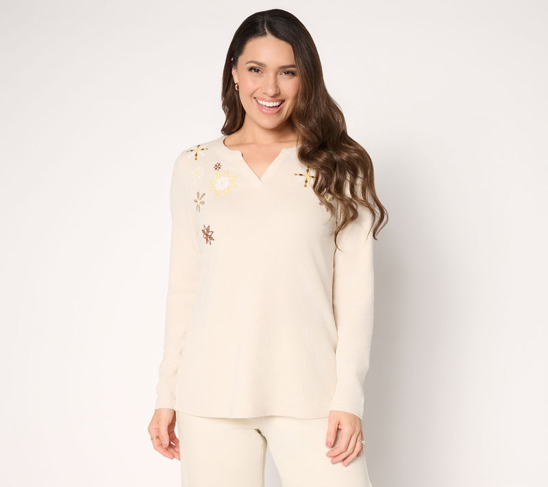 Denim & Co. Waffle Knit Holiday Embroidered Top — View 12