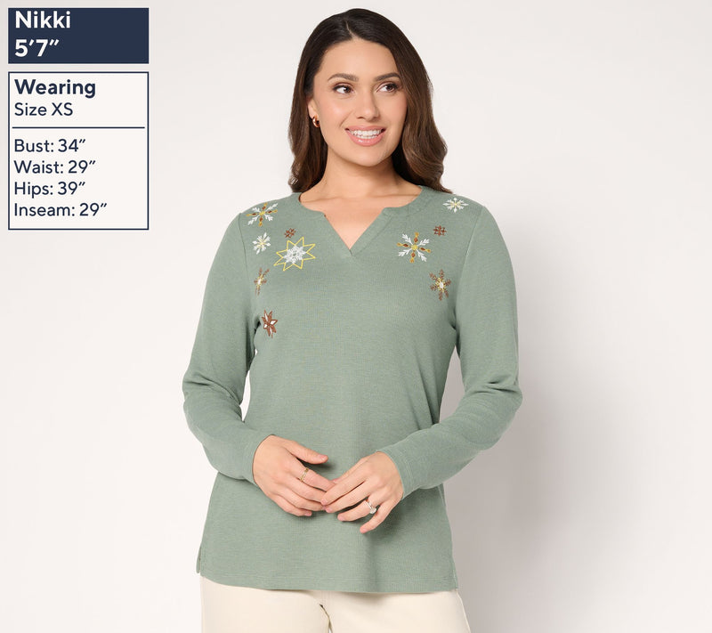 Denim & Co. Waffle Knit Holiday Embroidered Top — View 4