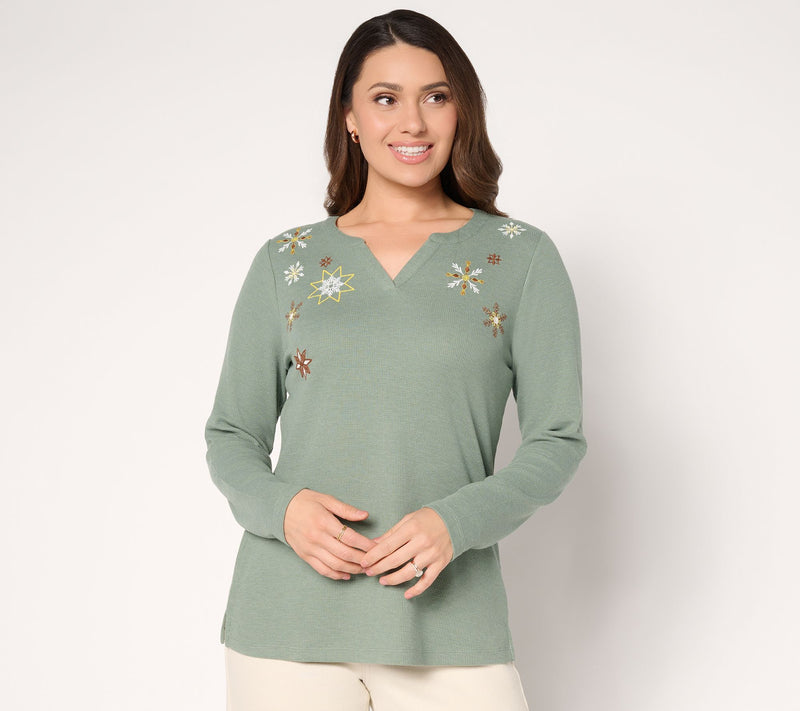 Denim & Co. Waffle Knit Holiday Embroidered Top — View 13