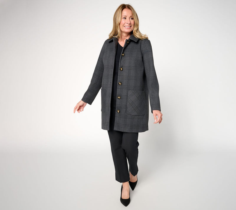 Susan Graver Regular Glen Plaid Button Front Coat — View 3