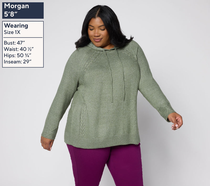 LOGO by Lori Goldstein Raglan Sleeve Hooded Sweater with Cable Trim — View 2