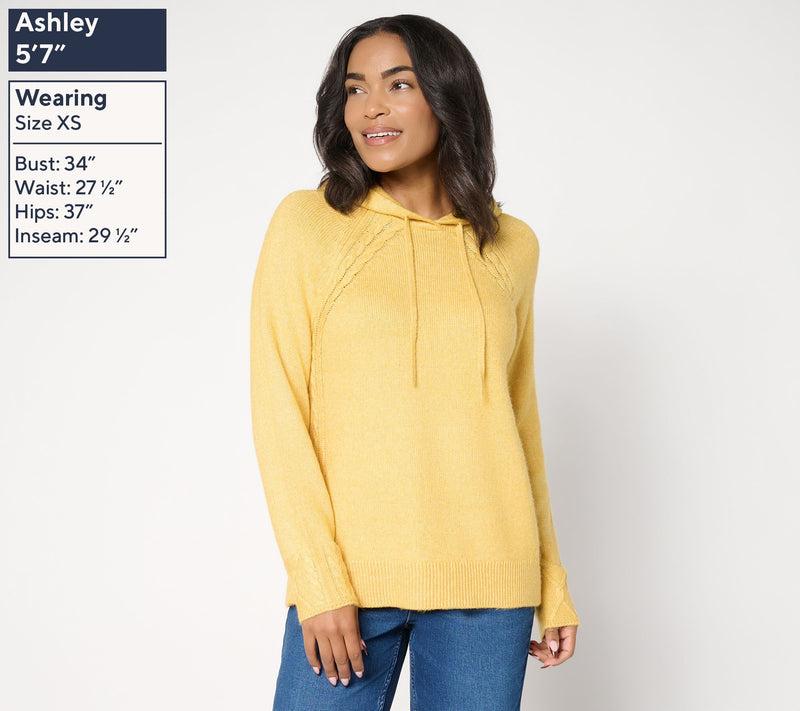 LOGO by Lori Goldstein Raglan Sleeve Hooded Sweater with Cable Trim — View 3