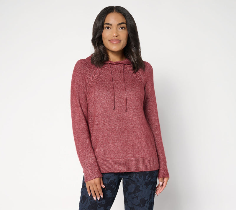 LOGO by Lori Goldstein Raglan Sleeve Hooded Sweater with Cable Trim — View 12