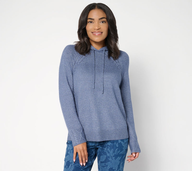 LOGO by Lori Goldstein Raglan Sleeve Hooded Sweater with Cable Trim — View 13
