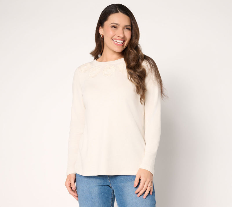 Denim & Co. 100% Cotton Embroidered Long Sleeve Crew Neck Top — View 10