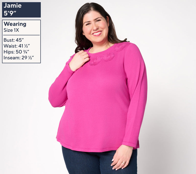 Denim & Co. 100% Cotton Embroidered Long Sleeve Crew Neck Top — View 2