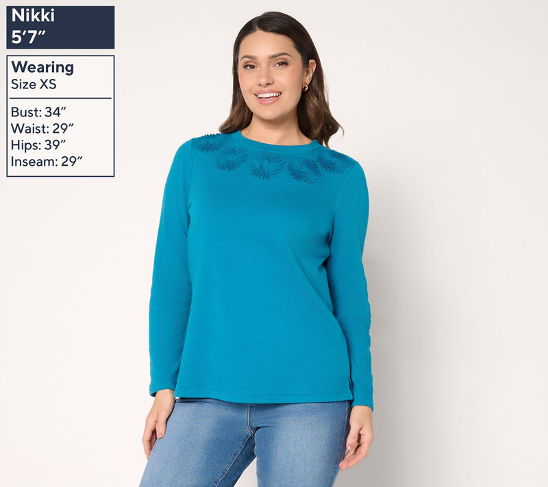 Denim & Co. 100% Cotton Embroidered Long Sleeve Crew Neck Top — View 3