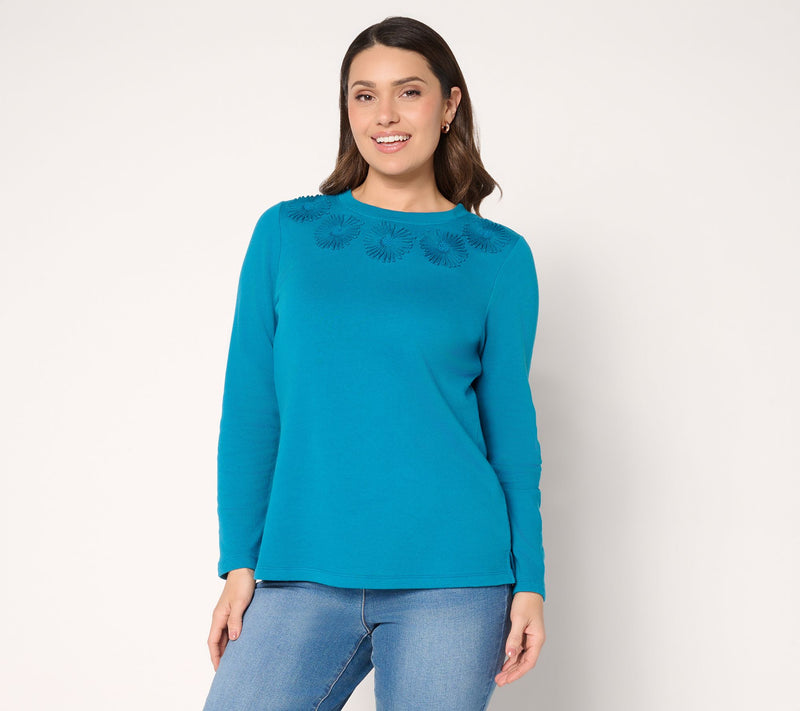 Denim & Co. 100% Cotton Embroidered Long Sleeve Crew Neck Top — View 11