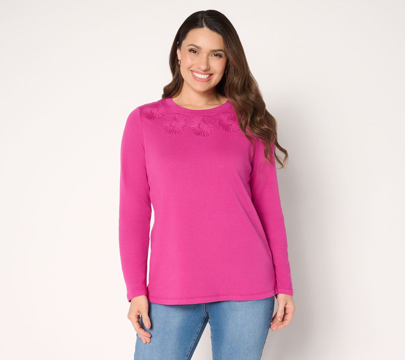 Denim & Co. 100% Cotton Embroidered Long Sleeve Crew Neck Top — View 12