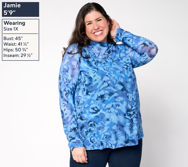 LOGO Layers by Lori Goldstein Printed Mock Neck Mesh Top — View 5
