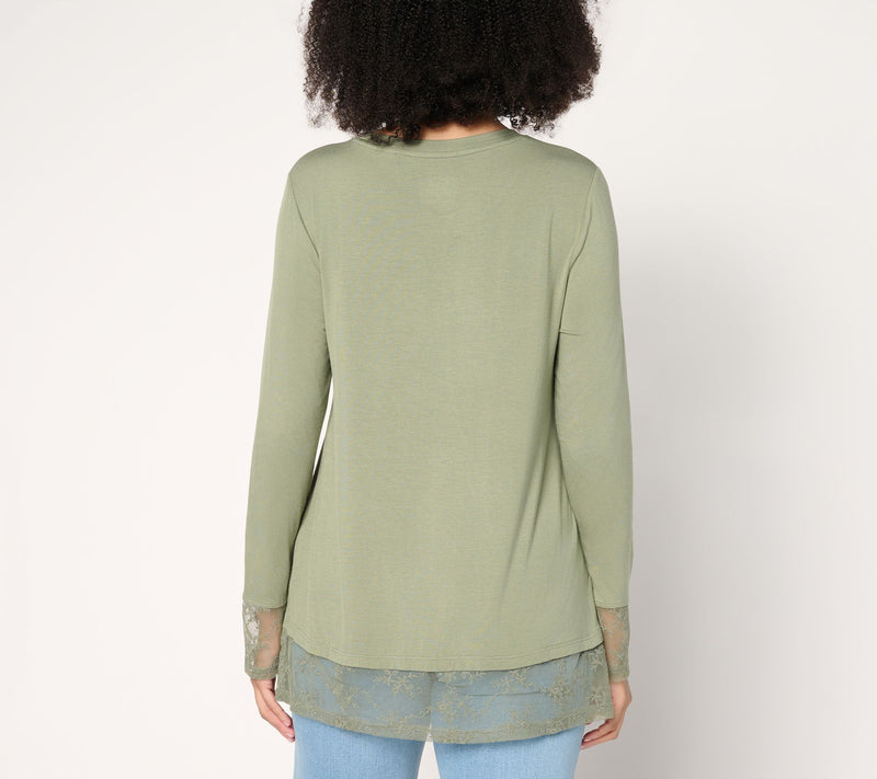 LOGO Layers by Lori Goldstein Long Sleeve Lace Trim Top — View 4