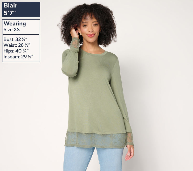 LOGO Layers by Lori Goldstein Long Sleeve Lace Trim Top — View 3