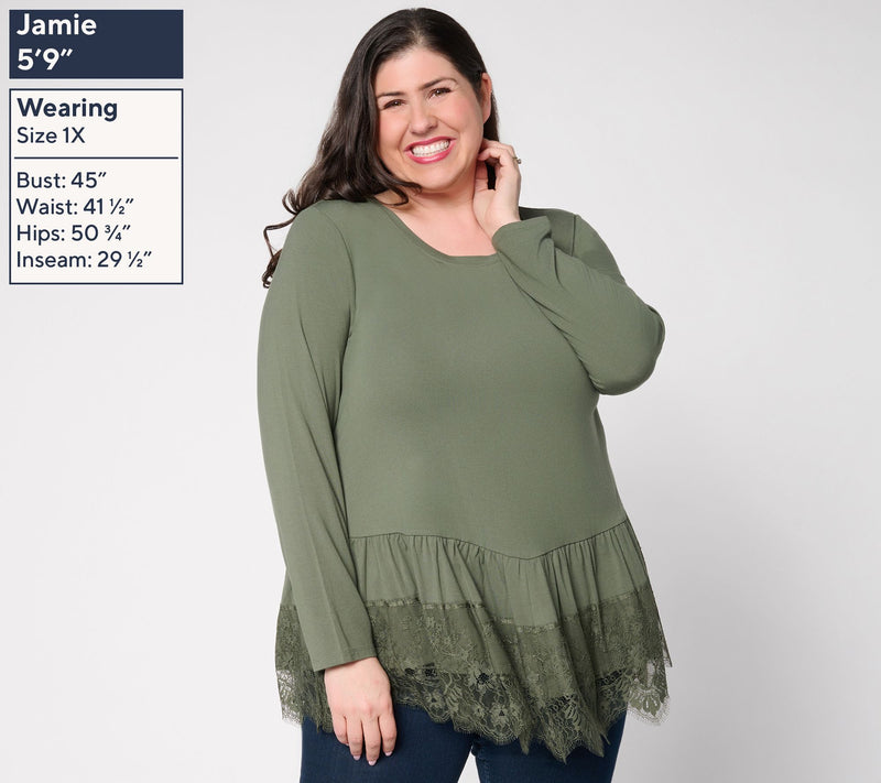 LOGO by Lori Goldstein Petite Rayon 230 Lace Trim Top — View 10