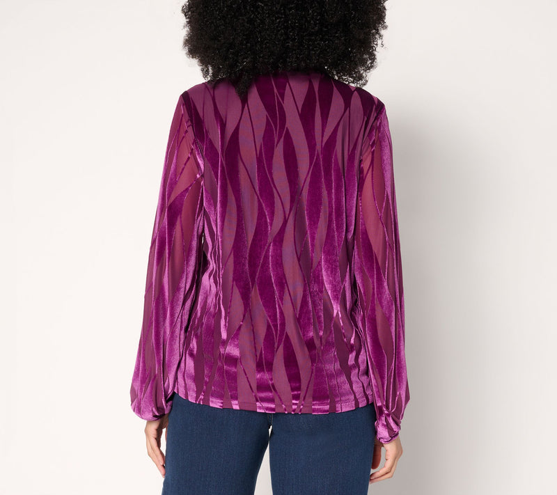 LOGO Lavish by Lori Goldstein Burnout Velvet Smocked Neck Long Sleeve Top — View 4