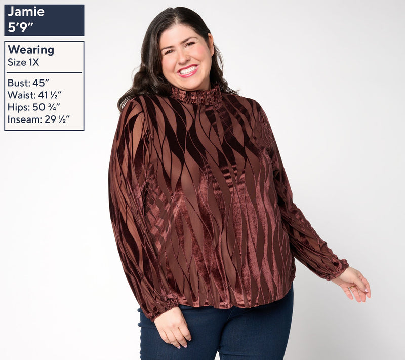 LOGO Lavish by Lori Goldstein Burnout Velvet Smocked Neck Long Sleeve Top — View 2