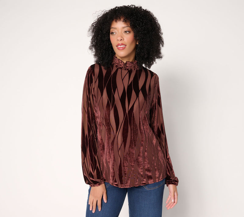 LOGO Lavish by Lori Goldstein Burnout Velvet Smocked Neck Long Sleeve Top — View 12