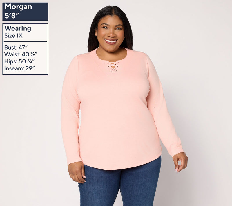 Denim & Co. Lace-up Split Neck Long Sleeve Top — View 2