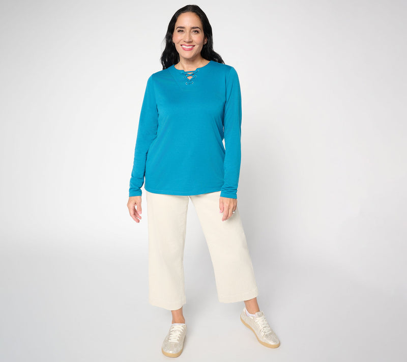 Denim & Co. Lace-up Split Neck Long Sleeve Top — View 5