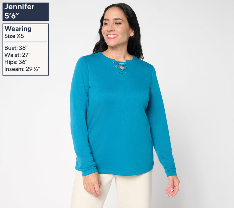 Denim & Co. Lace-up Split Neck Long Sleeve Top — View 3
