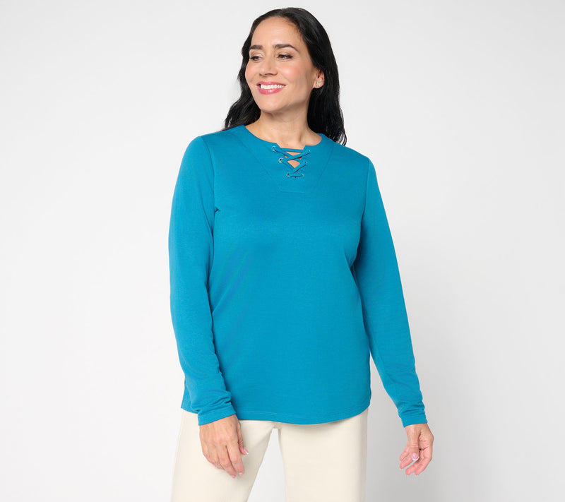Denim & Co. Lace-up Split Neck Long Sleeve Top — View 10