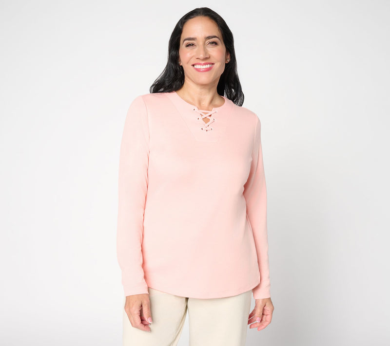 Denim & Co. Lace-up Split Neck Long Sleeve Top — View 11