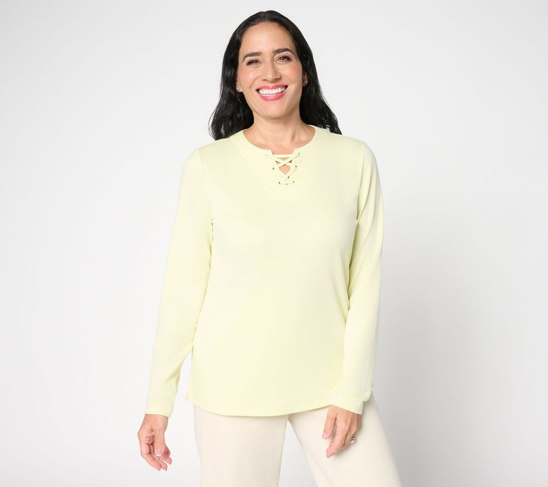 Denim & Co. Lace-up Split Neck Long Sleeve Top — View 12