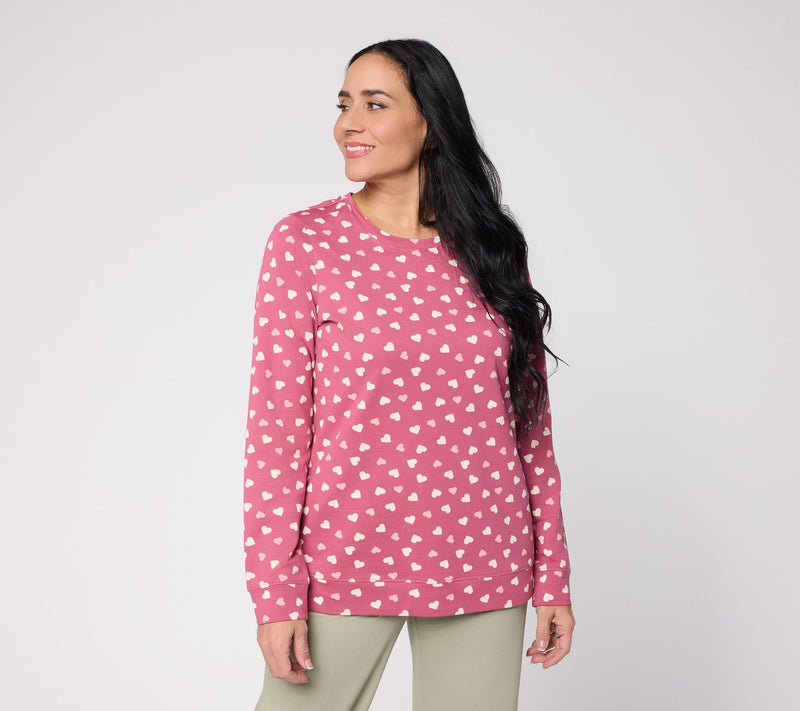 Denim & Co. Printed Hearts French Terry Long Sleeve Top — Main view