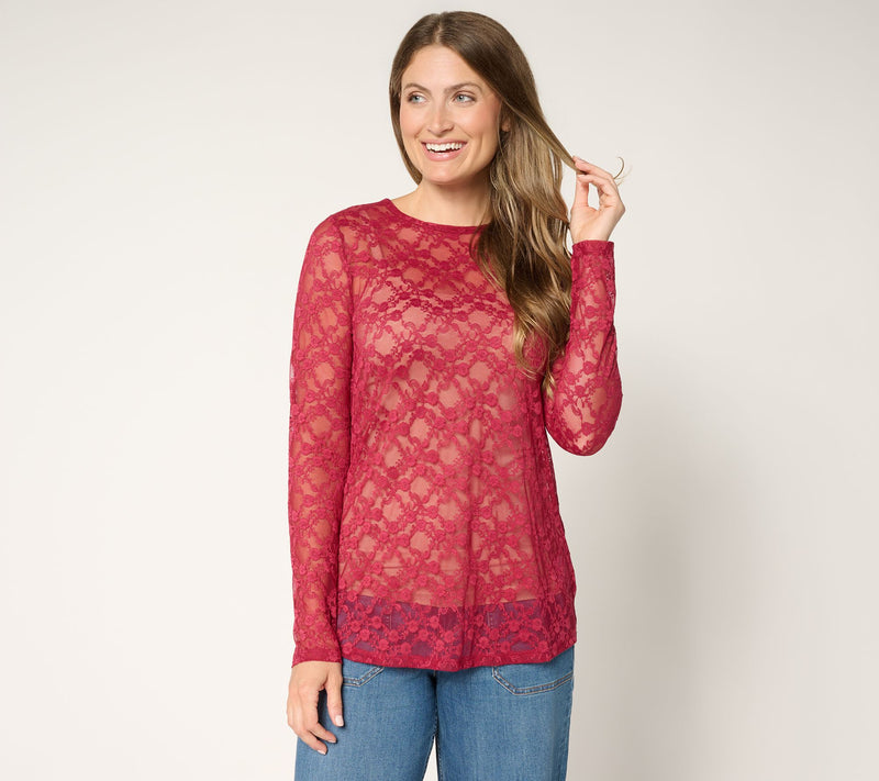 LOGO Layers by Lori Goldstein Stretch Lace Long Sleeve Top — Main view