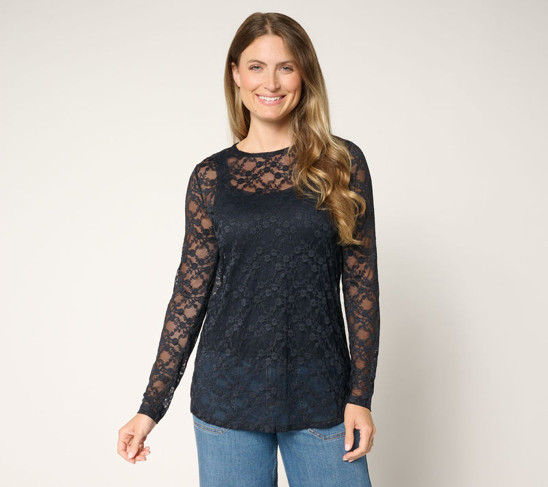 LOGO Layers by Lori Goldstein Stretch Lace Long Sleeve Top — View 11