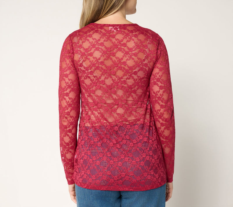 LOGO Layers by Lori Goldstein Stretch Lace Long Sleeve Top — View 4