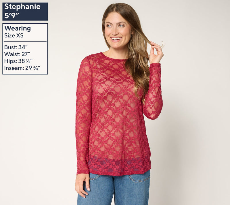 LOGO Layers by Lori Goldstein Stretch Lace Long Sleeve Top — View 3