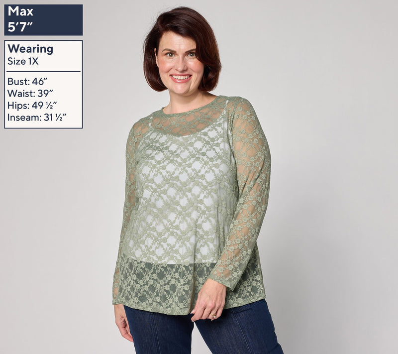 LOGO Layers by Lori Goldstein Stretch Lace Long Sleeve Top — View 2
